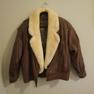 Leather Bomber Jacket with Sherpa Collar Size L